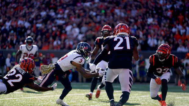 Houston Texans wide receiver Tank Dell (3) dives for a touchdown in the seocnd quarter of a Week 10 NFL football game between the Houston Texans and the Cincinnati Bengals, Sunday, Nov. 12, 2023, at Paycor Stadium in Cincinnati.  